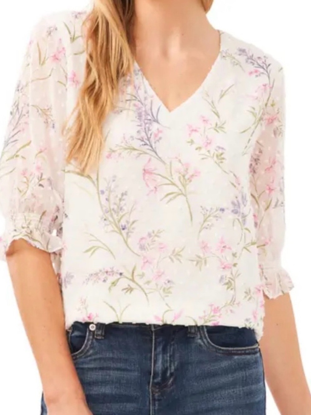 NWT CeCe Floral Clip-Dot Chiffon Blouse!